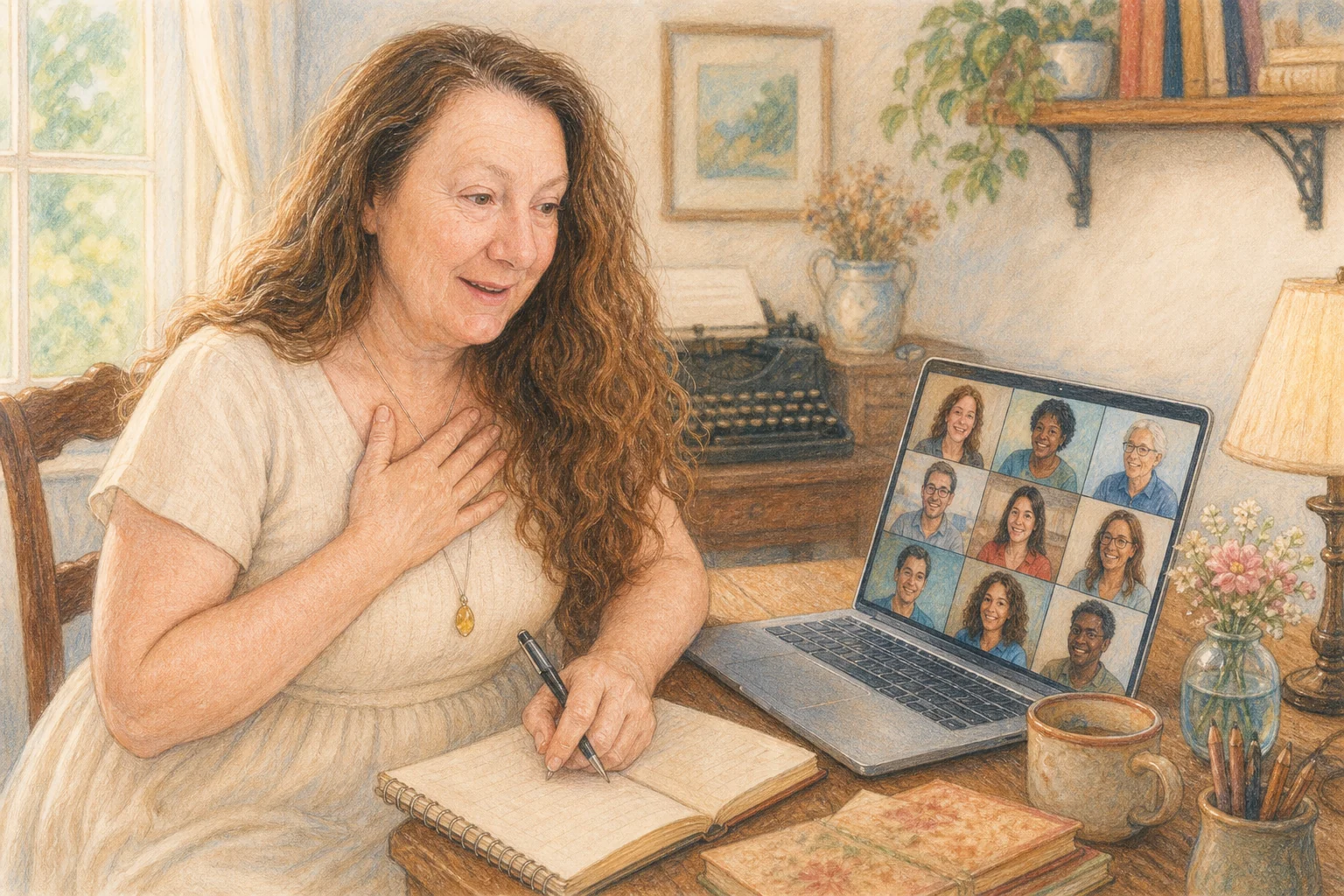 Colored-pencil illustration for “Being among writers – amazing!”