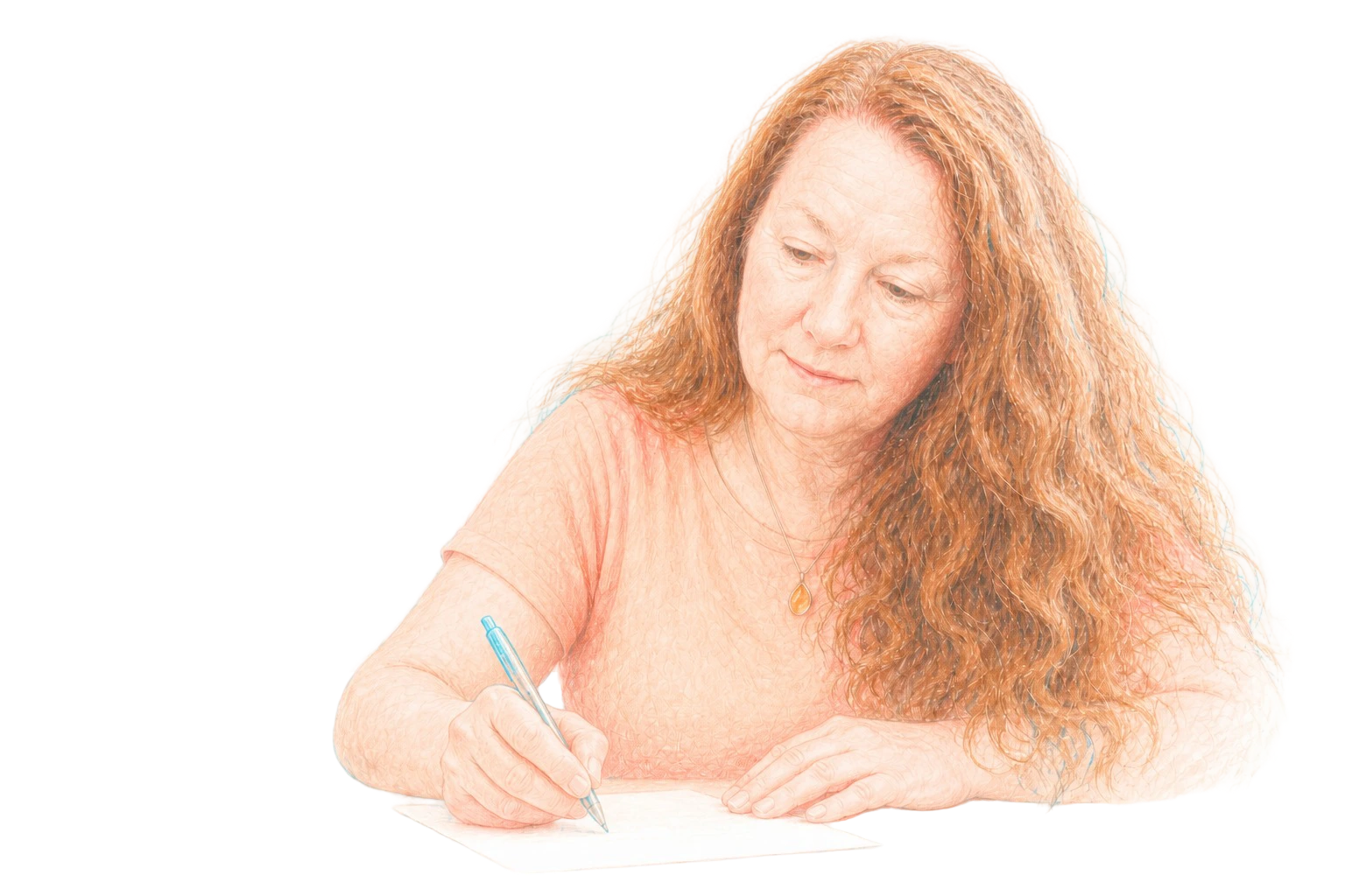 Pastel colored-pencil illustration of Britt Malka writing on a sheet of paper
