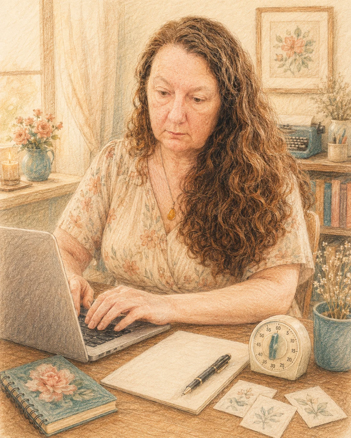 Britt Malka writing a short story at her desk with a timer
